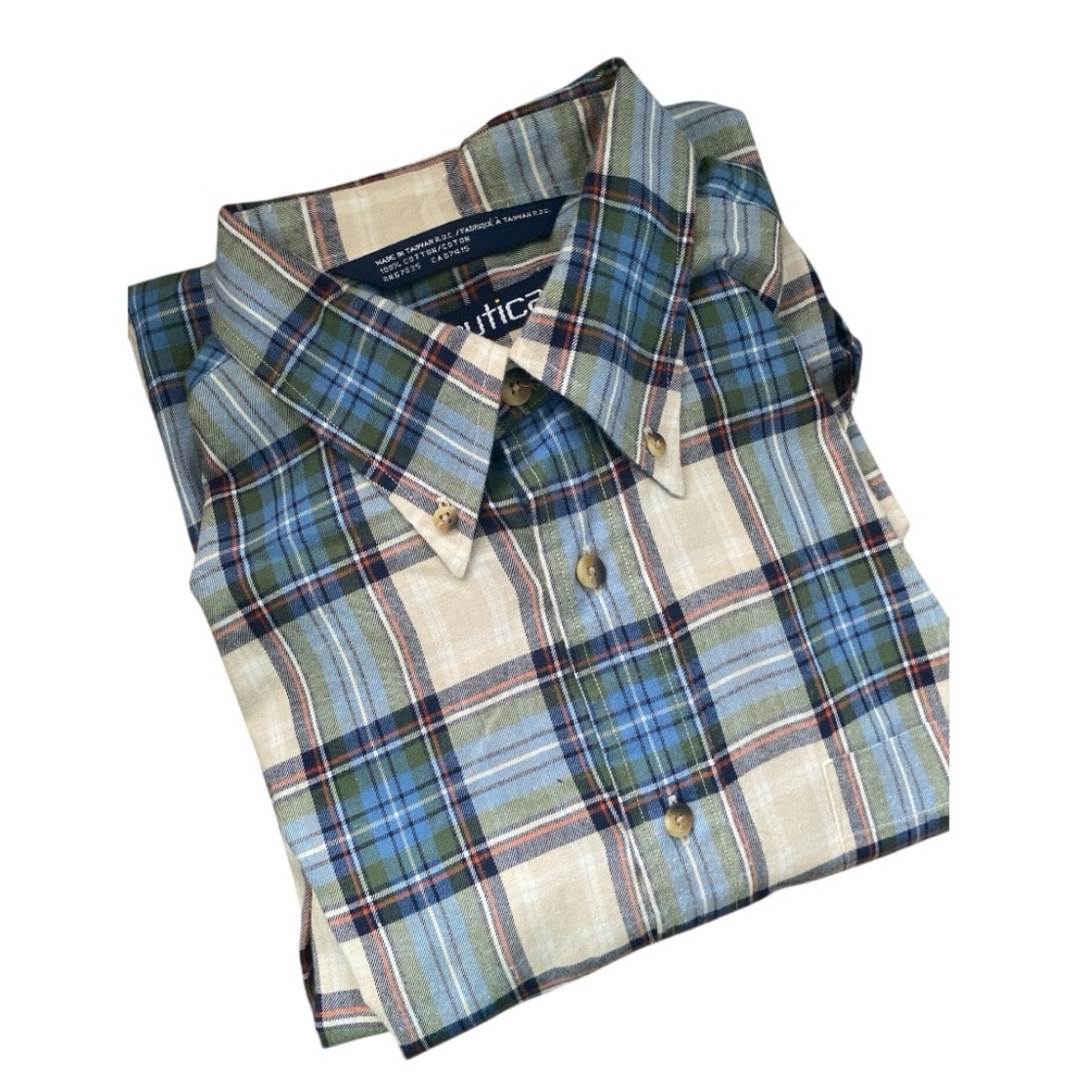 Nautica Blue & Cream Plaid Men’s Long Sleeve Button-Down Shirt L Corpcore Casual